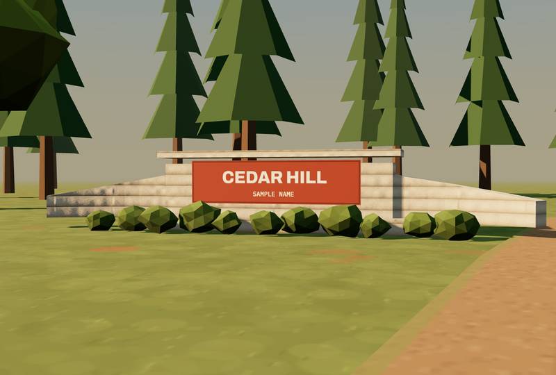 Concept render of a low printed monument sign reading Cedar Hill, with shrubs along its base.